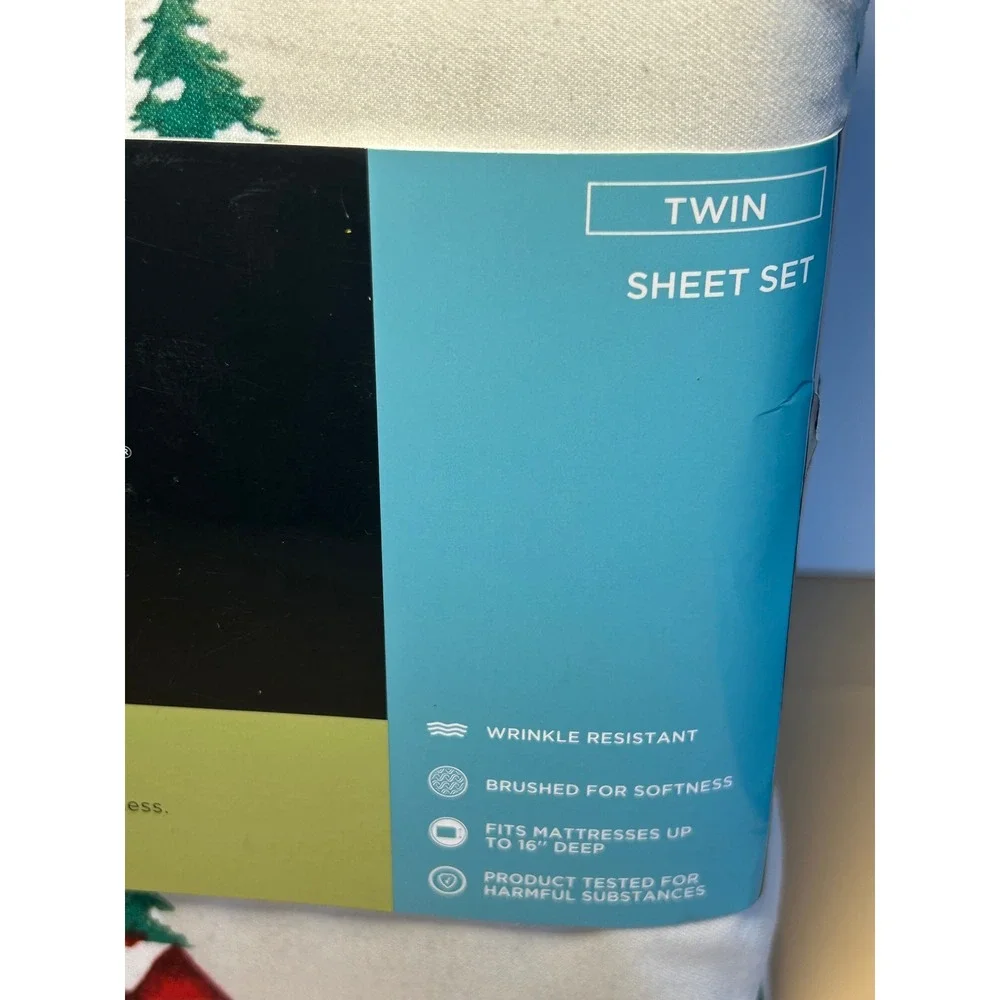 Cuddl Duds Twin Sheet Set Forest Barn Green Trees Red House Soft Cozy 3PC NEW